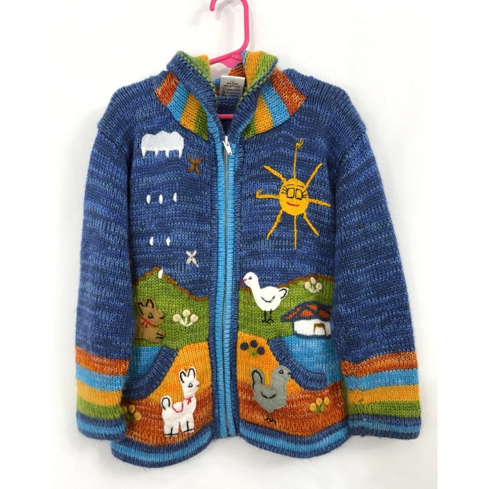 El Condor Peru Kids Wool Blend Hooded Sweater Zip Jacket Llama Blue Size 8